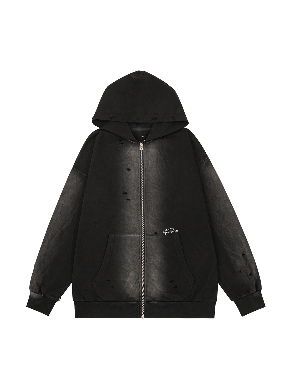 Washed Ripped Zip Up Hoodie - ShopLuxury
