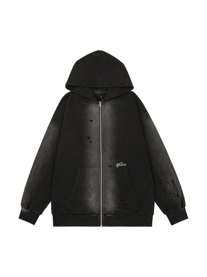 Washed Ripped Zip Up Hoodie - ShopLuxury