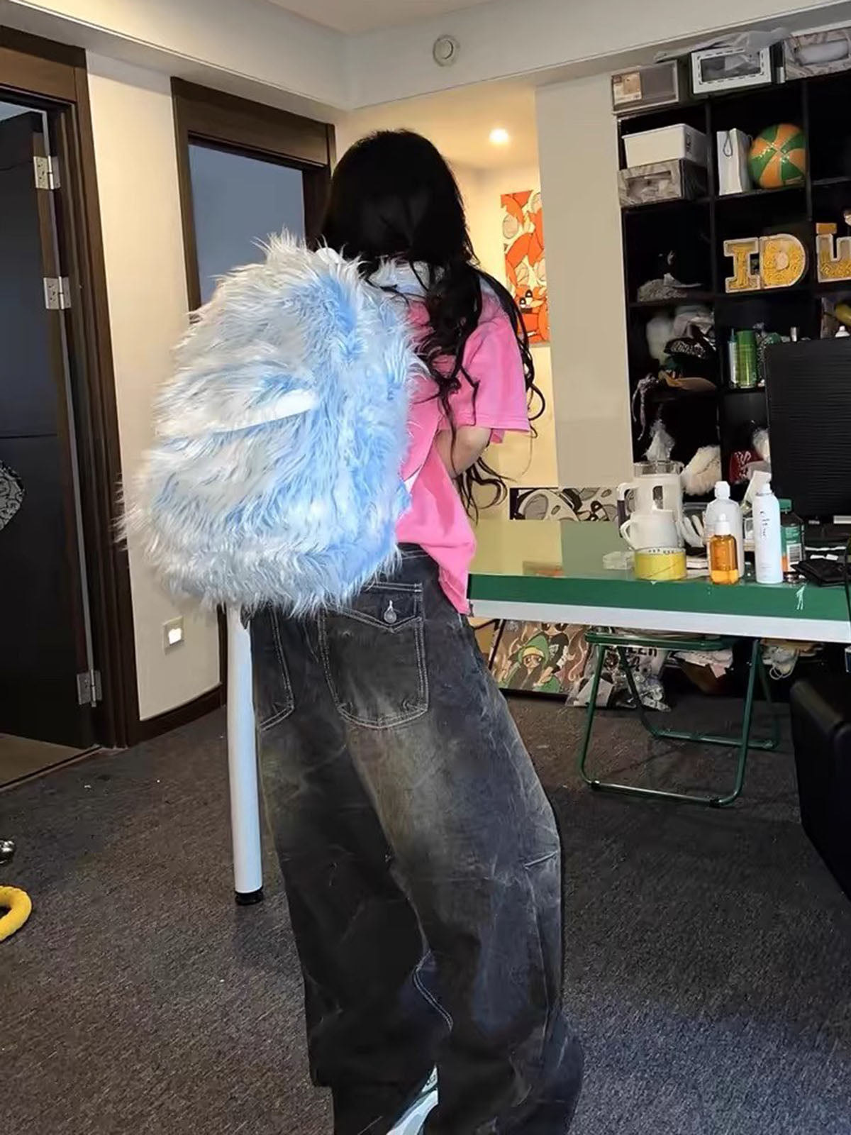 Snow Monster Contrast Ice Blue Furry Backpack - ShopLuxury