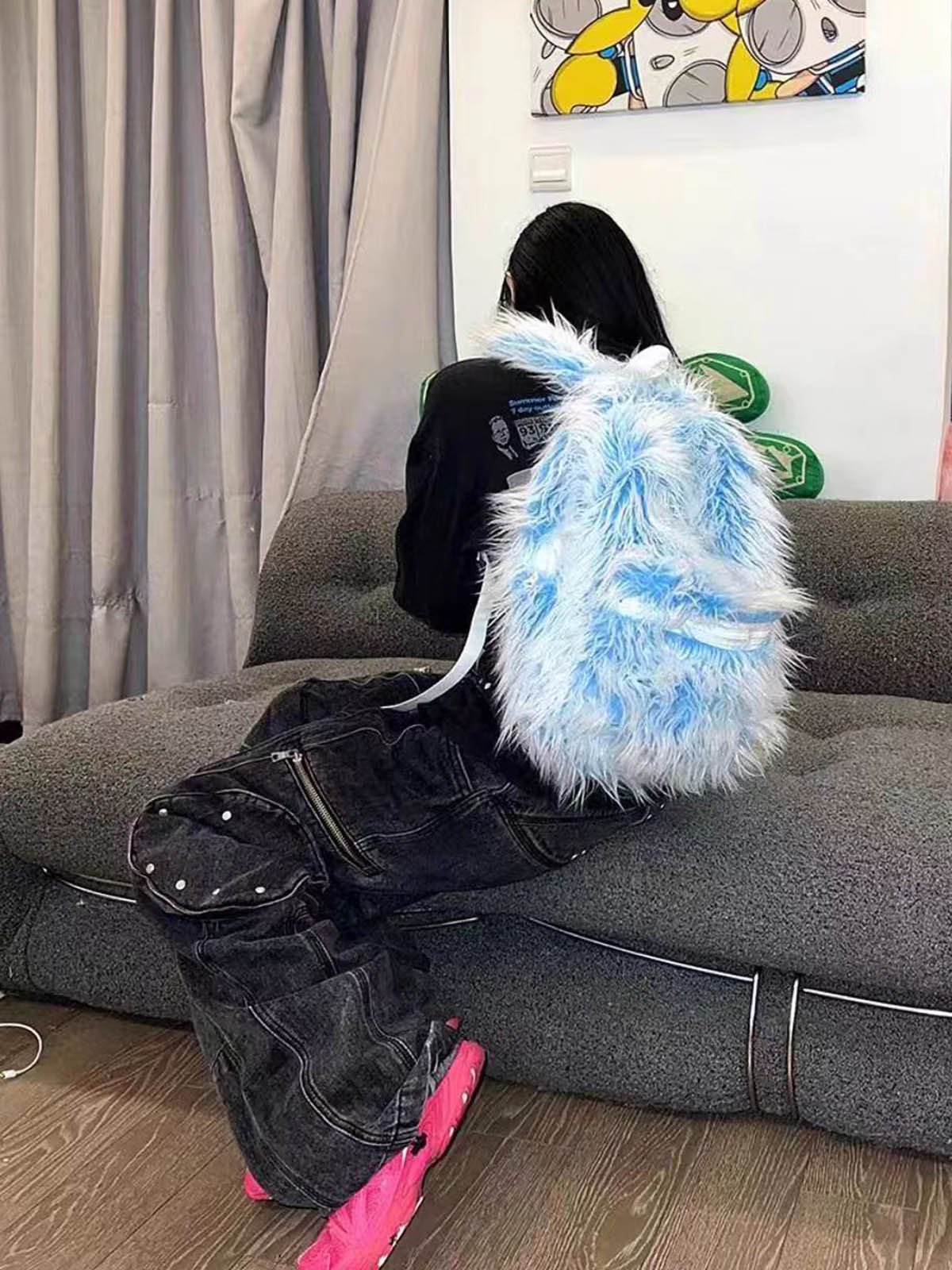 Snow Monster Contrast Ice Blue Furry Backpack - ShopLuxury