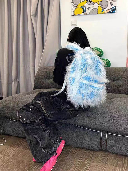 Snow Monster Contrast Ice Blue Furry Backpack - ShopLuxury
