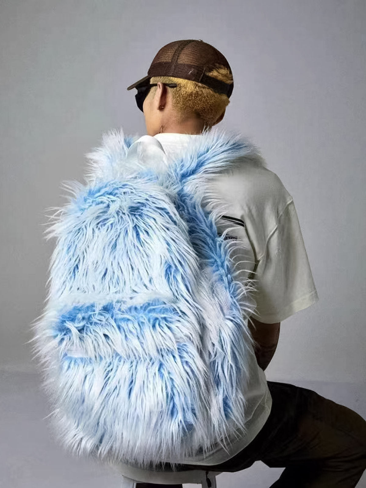 Snow Monster Contrast Ice Blue Furry Backpack - ShopLuxury