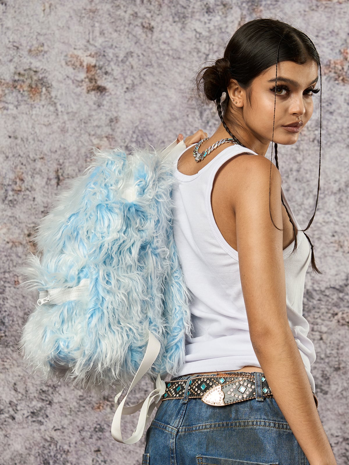 Snow Monster Contrast Ice Blue Furry Backpack - ShopLuxury