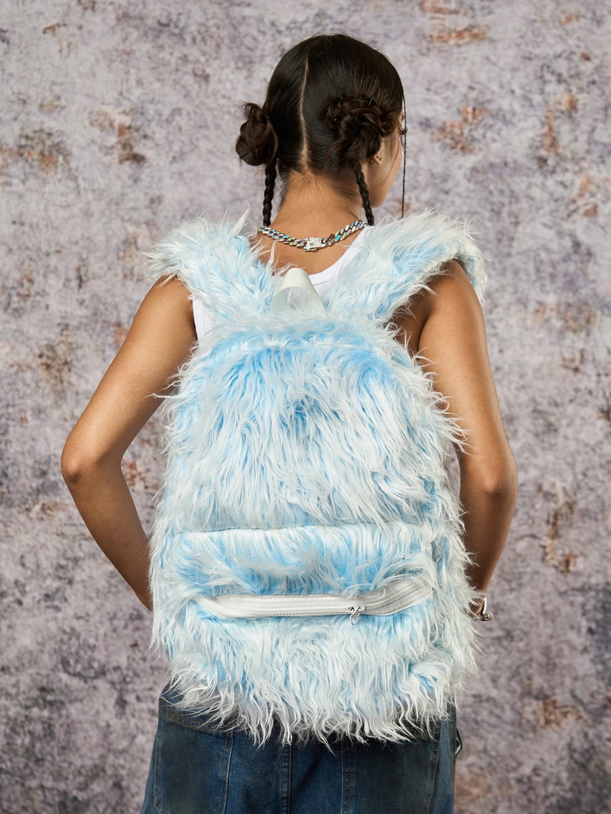 Snow Monster Contrast Ice Blue Furry Backpack - ShopLuxury