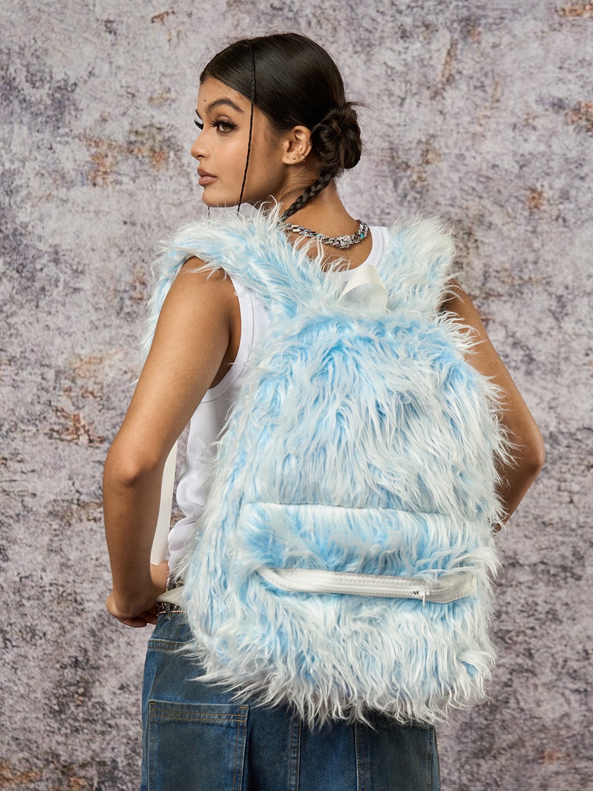 Snow Monster Contrast Ice Blue Furry Backpack - ShopLuxury