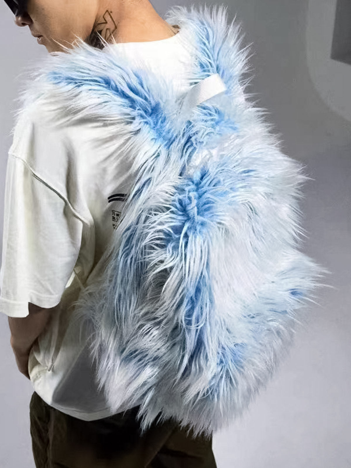 Snow Monster Contrast Ice Blue Furry Backpack - ShopLuxury