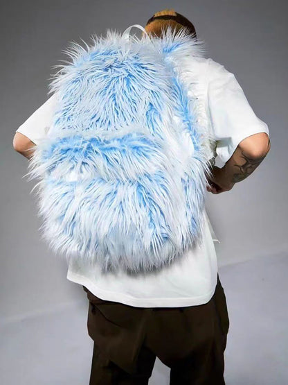 Snow Monster Contrast Ice Blue Furry Backpack - ShopLuxury