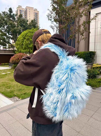 Snow Monster Contrast Ice Blue Furry Backpack - ShopLuxury